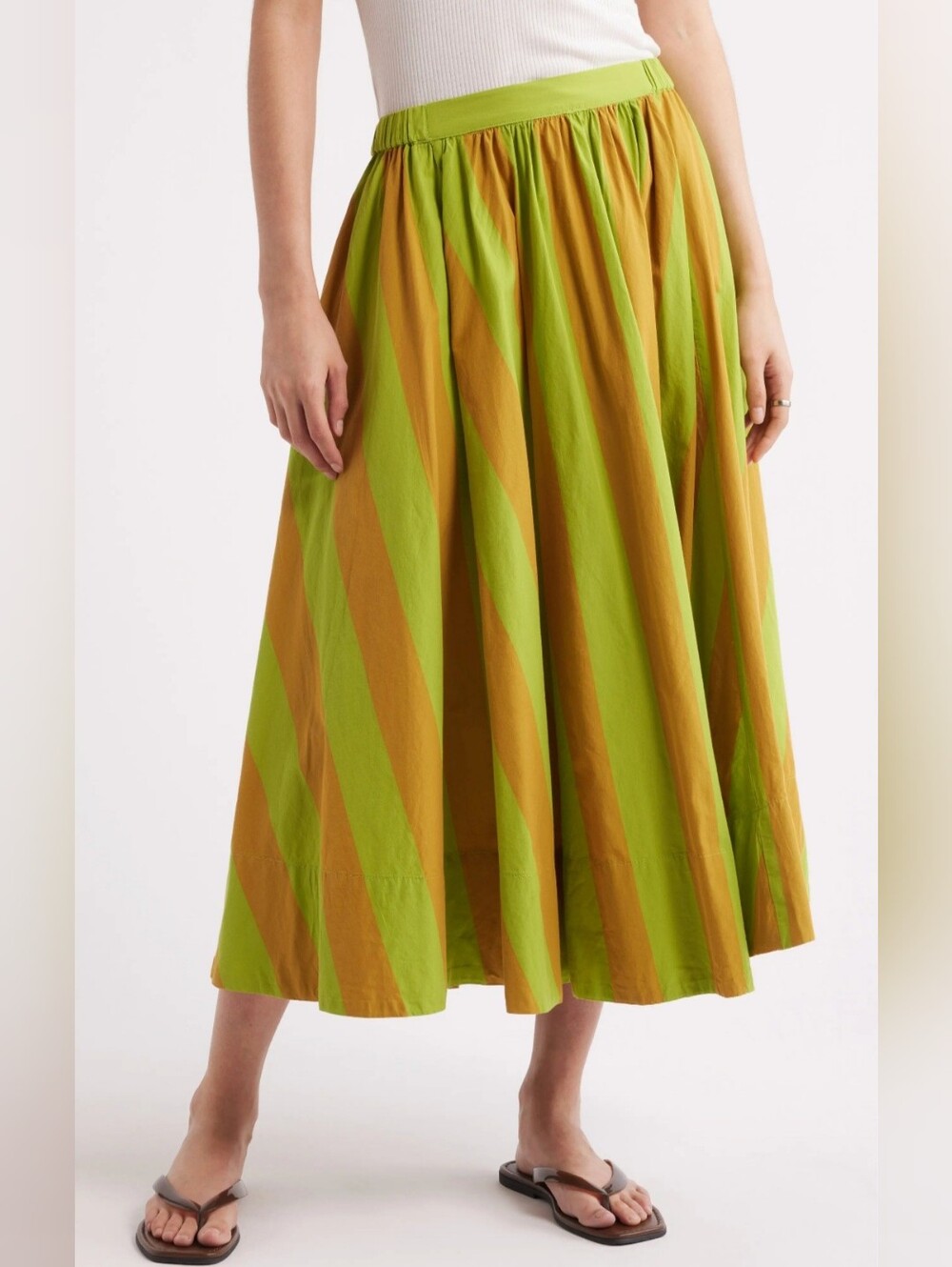 Free People Green Brown Stripes Midi Skirt. Elastic Waistband